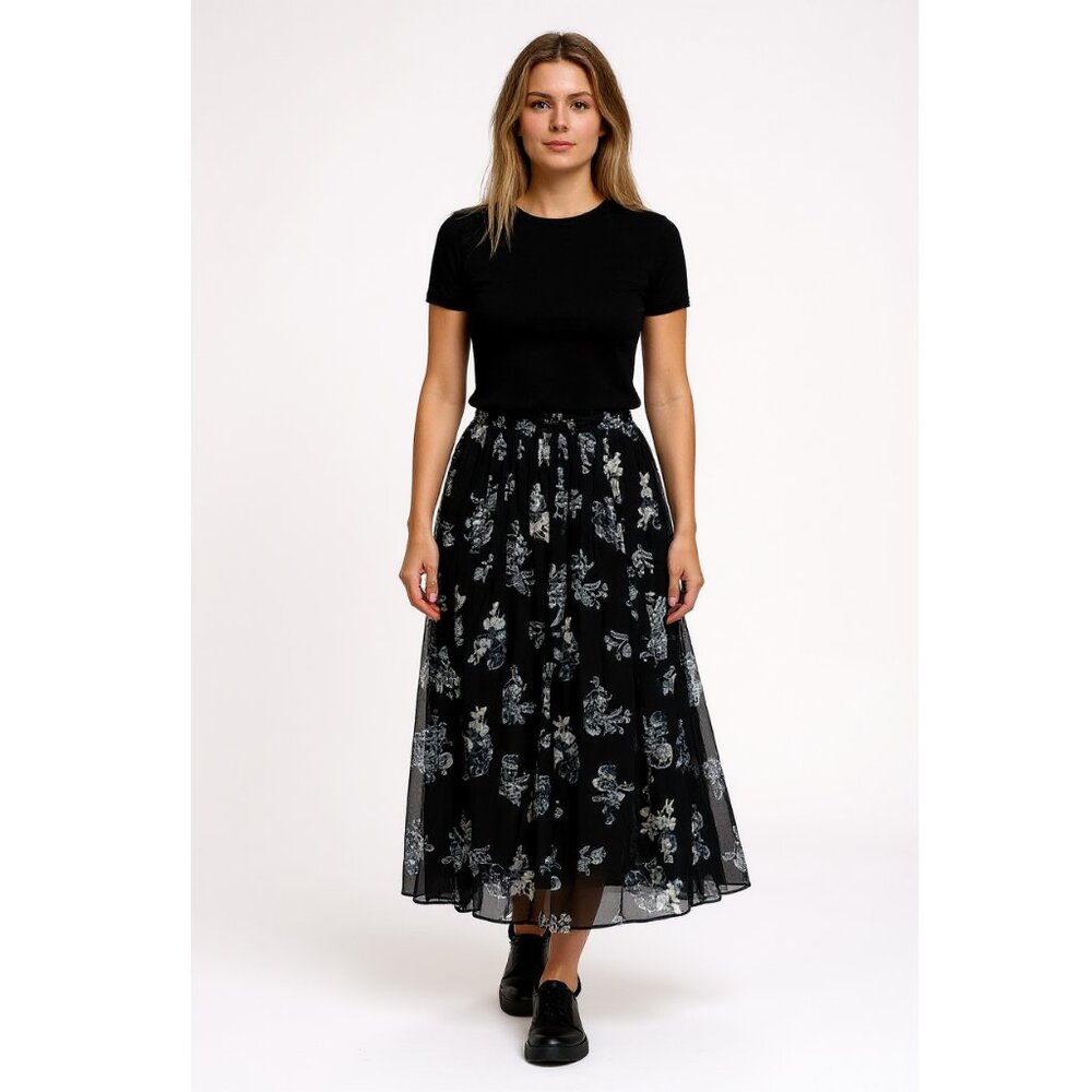 Free People Lydia Floral Chiffon Maxi Skirt Women Size Large Black White Viscose